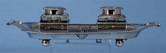 A late Victorian silver inkstand, by Martin, Hall & Co, length 262mm, weight 12.4oz/388grms.